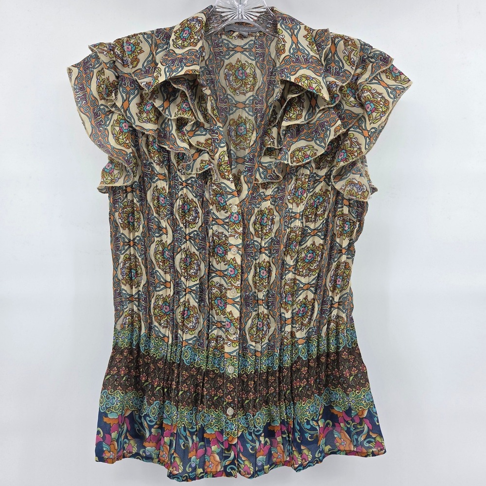Y2K‎ NY Collection Blouse Medium Multicolor Paisley Ruffle Eclectic Art-Inspired